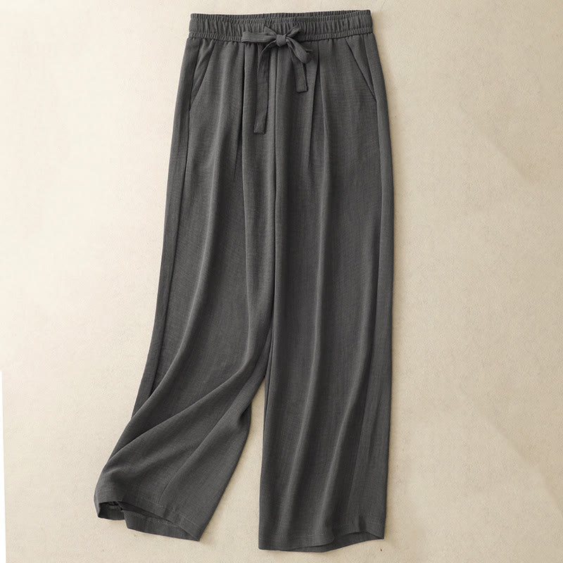 Buddha Stones Casual Summer Lace-Up Texture Design Women's Cotton Wide Leg Pants With Pockets - SlateGray - US8-10，UK/AU12-14，EU40-42 (2XL) - image 12