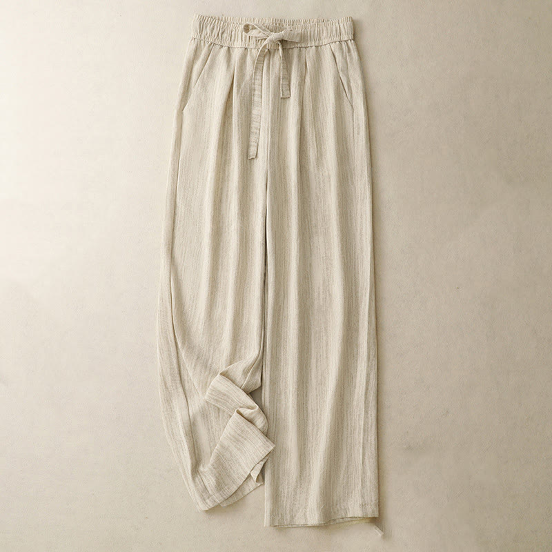 Buddha Stones Casual Summer Lace-Up Texture Design Women's Cotton Wide Leg Pants With Pockets - PaleGoldenrod - US8-10，UK/AU12-14，EU40-42 (2XL) - image 0