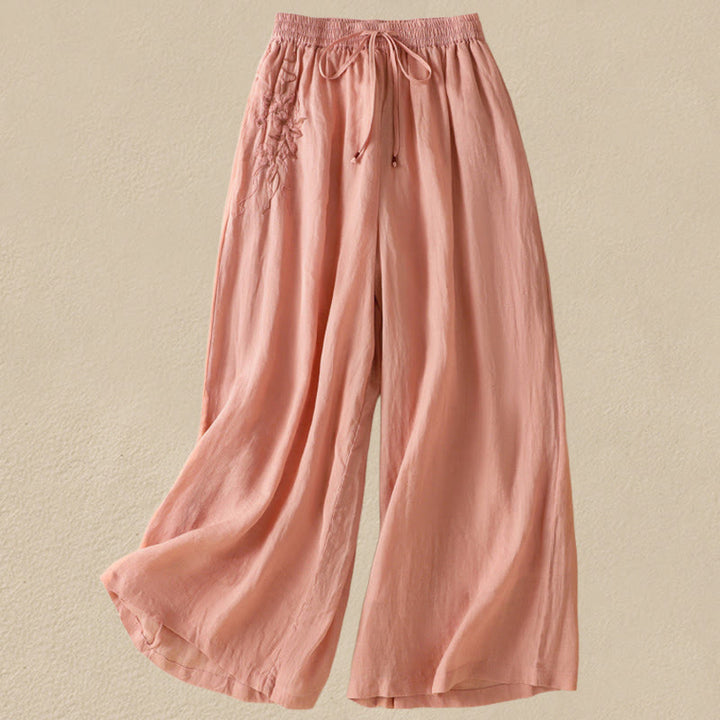 Buddha Stones Commute Embroidery Drawstring Women's Cotton Wide Leg Pants With Pockets - Coral - US8-10，UK/AU12-14，EU40-42 (2XL) - image 17
