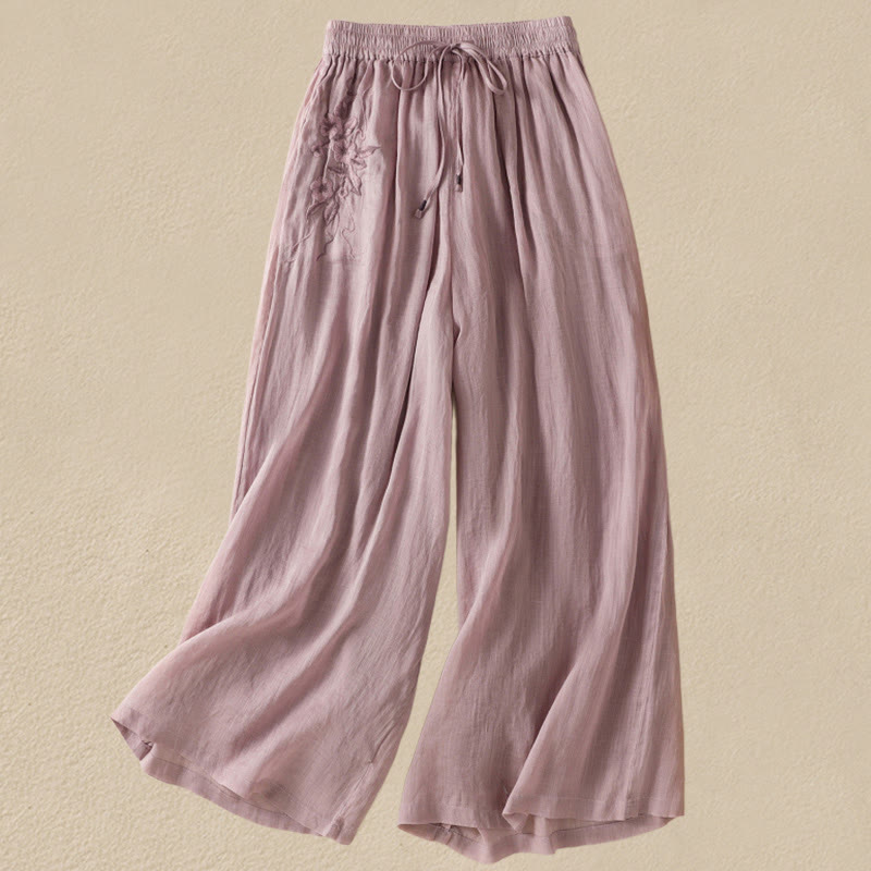 Buddha Stones Commute Embroidery Drawstring Women's Cotton Wide Leg Pants With Pockets - RosyBrown - US8-10，UK/AU12-14，EU40-42 (2XL) - image 32