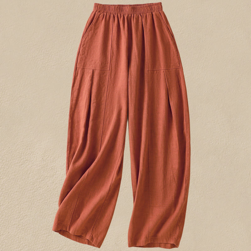Buddha Stones Plain Simple Design High Waist Women's Cotton Linen Harem Pants With Pockets