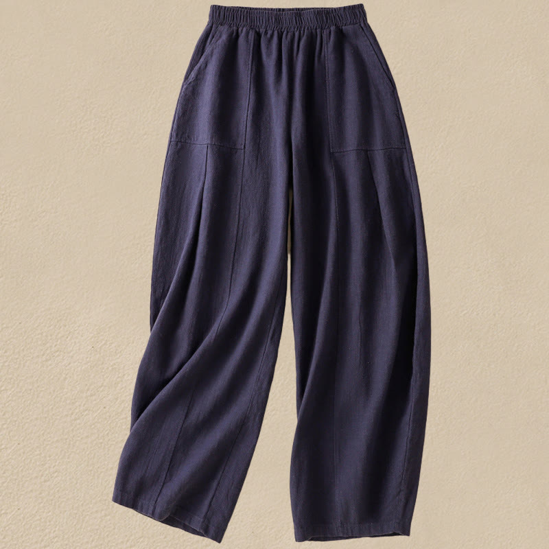 Buddha Stones Plain Simple Design High Waist Women's Cotton Linen Harem Pants With Pockets