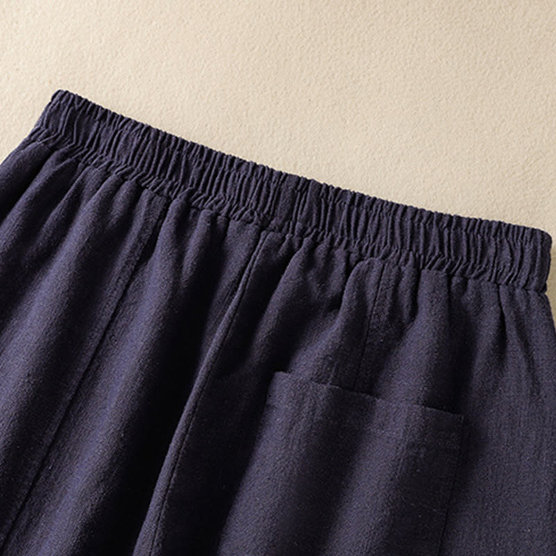 Buddha Stones Plain Simple Design High Waist Women's Cotton Linen Harem Pants With Pockets
