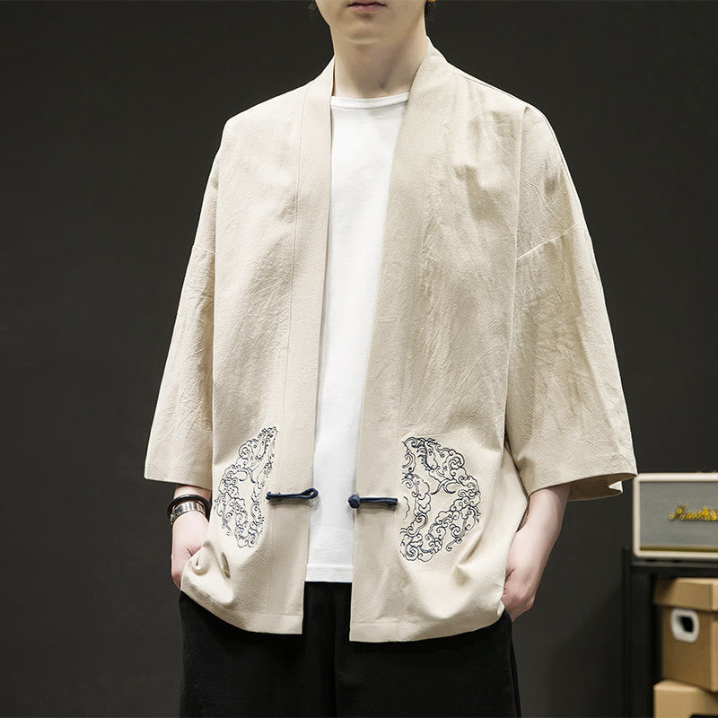 Buddha Stones Chinese Frog-Button Design Open Front Jacket Men's Cotton Linen Long Sleeve Kimono - Beige - US/UK/AU46，EU56 (5XL) - image 9