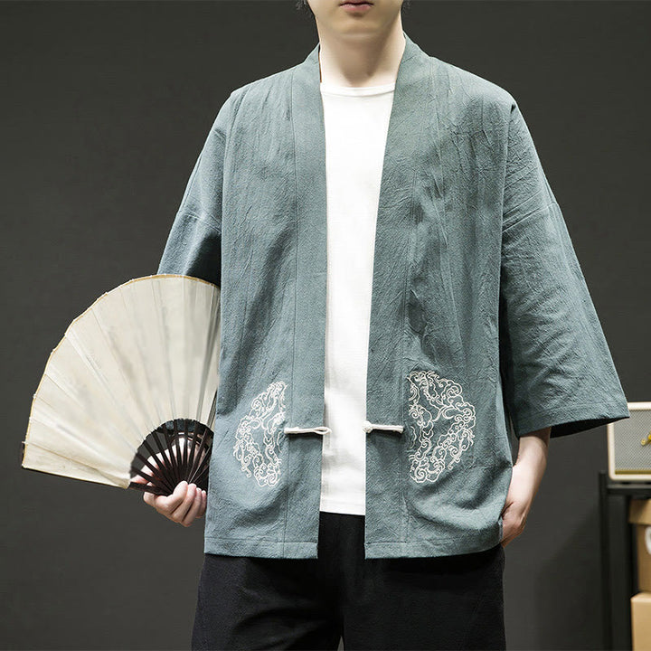 Buddha Stones Chinese Frog-Button Design Open Front Jacket Men's Cotton Linen Long Sleeve Kimono - LightSeaGreen - US/UK/AU46，EU56 (5XL) - image 5