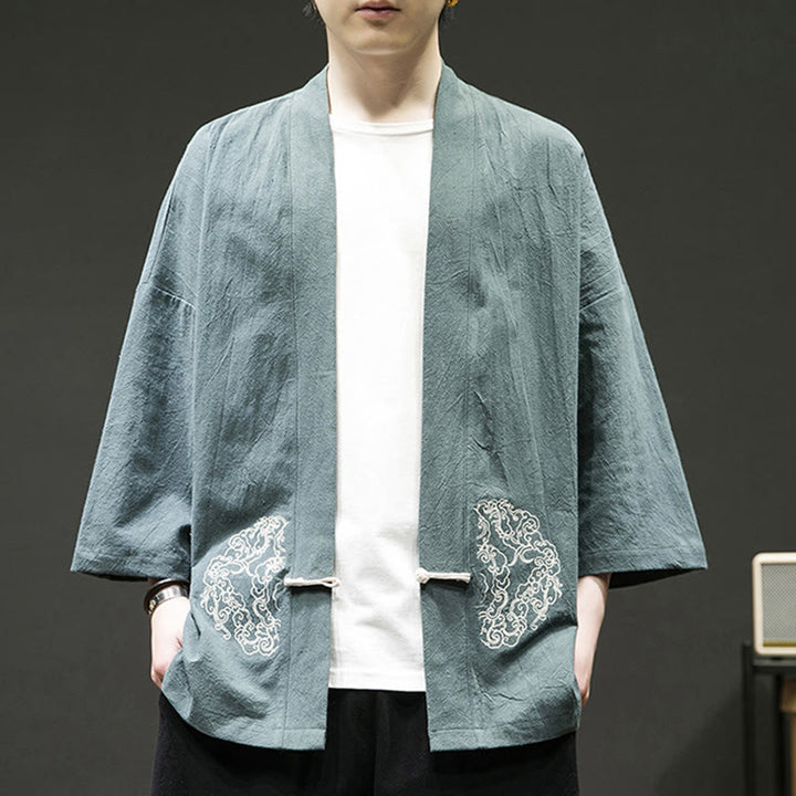 Buddha Stones Chinese Frog-Button Design Open Front Jacket Men's Cotton Linen Long Sleeve Kimono - image 8