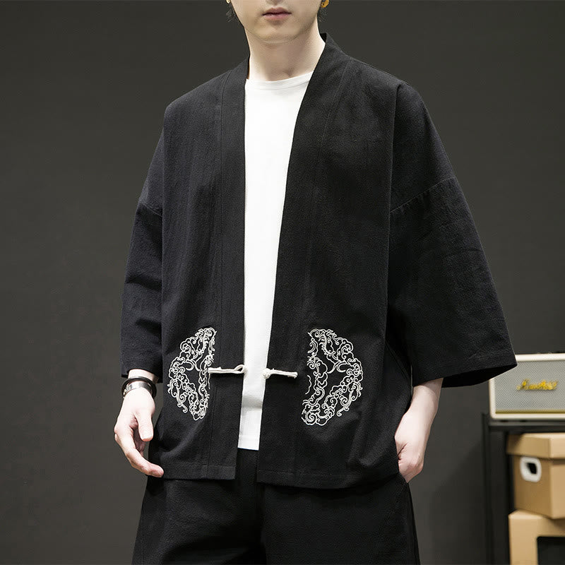 Buddha Stones Chinese Frog-Button Design Open Front Jacket Men's Cotton Linen Long Sleeve Kimono - Black - US/UK/AU46，EU56 (5XL) - image 1
