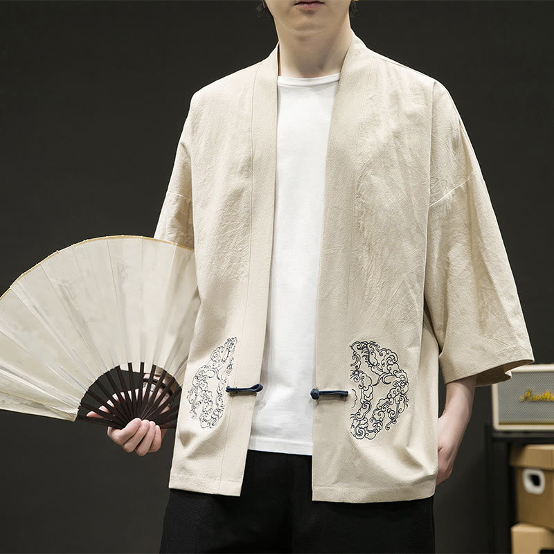 Buddha Stones Chinese Frog-Button Design Open Front Jacket Men's Cotton Linen Long Sleeve Kimono - image 10