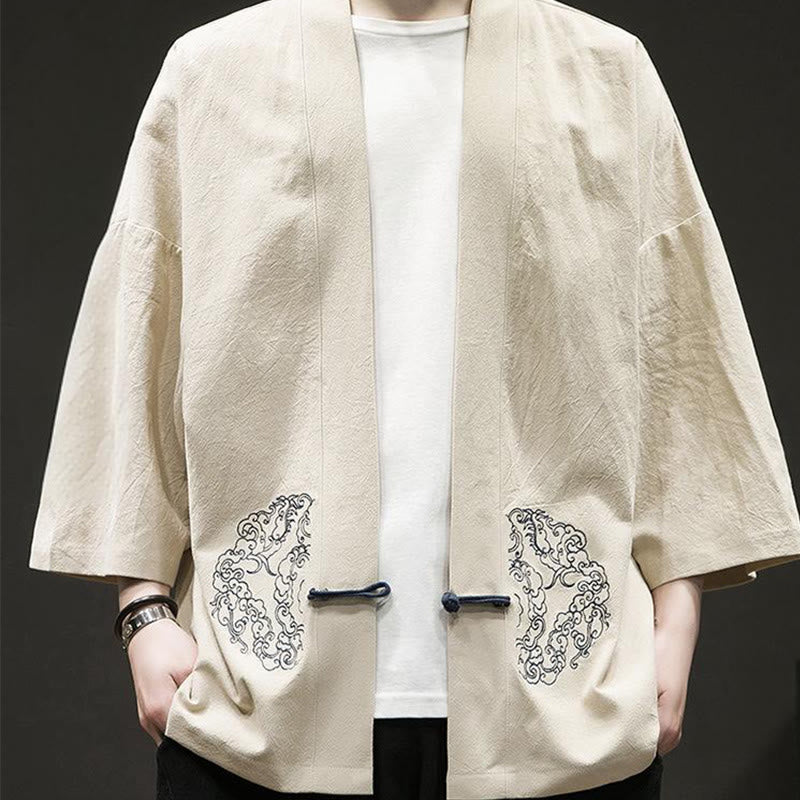Buddha Stones Chinese Frog-Button Design Open Front Jacket Men's Cotton Linen Long Sleeve Kimono - image 11