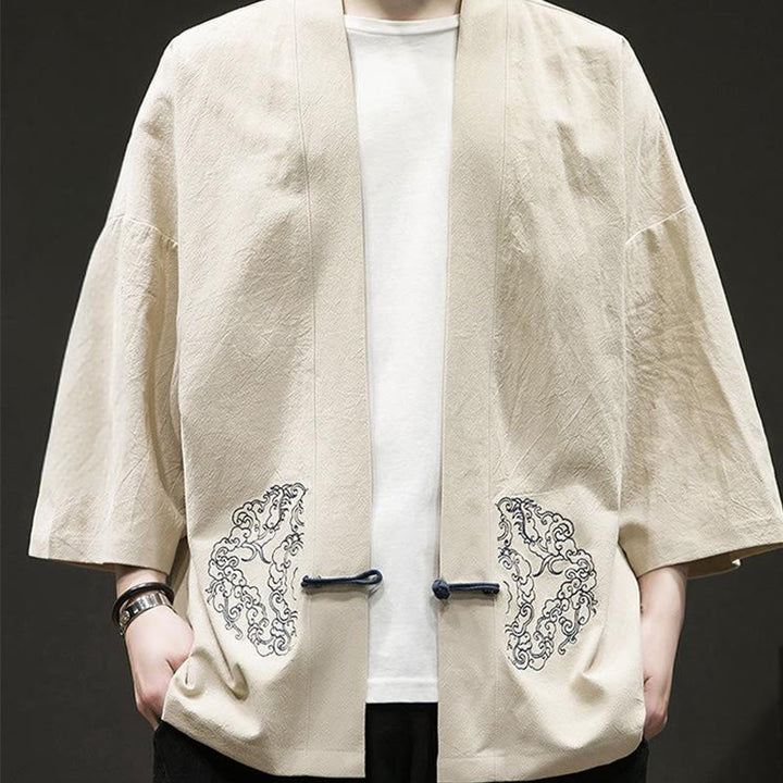 Buddha Stones Chinese Frog-Button Design Open Front Jacket Men's Cotton Linen Long Sleeve Kimono - image 11
