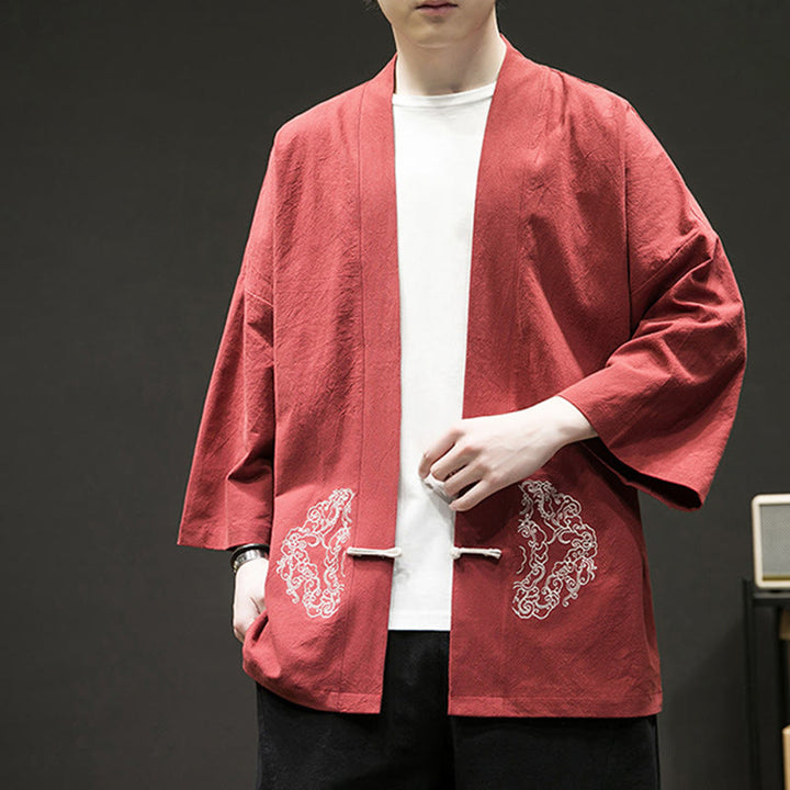 Buddha Stones Chinese Frog-Button Design Open Front Jacket Men's Cotton Linen Long Sleeve Kimono - image 16