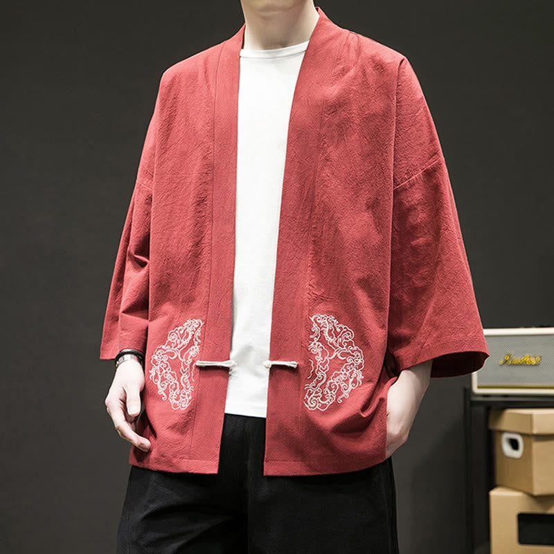 Buddha Stones Chinese Frog-Button Design Open Front Jacket Men's Cotton Linen Long Sleeve Kimono - image 15