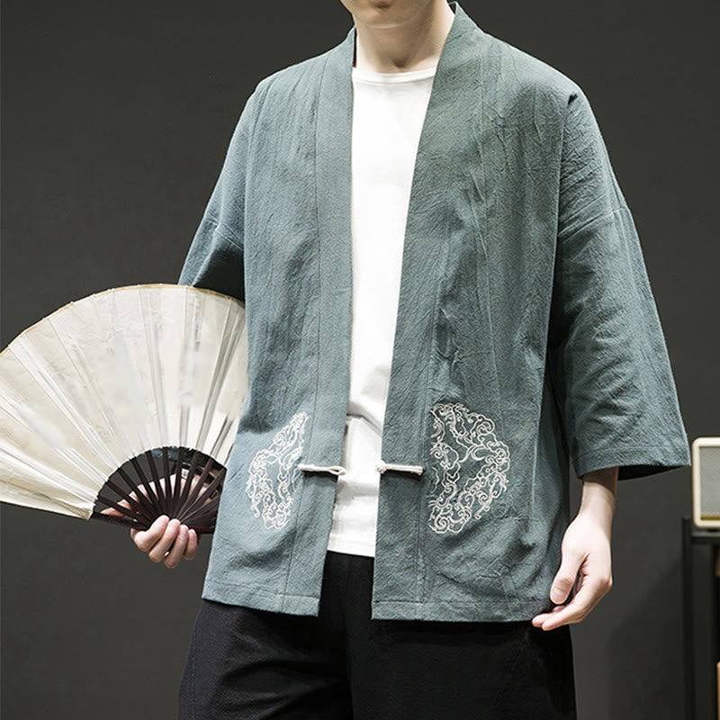 Buddha Stones Chinese Frog-Button Design Open Front Jacket Men's Cotton Linen Long Sleeve Kimono - image 6