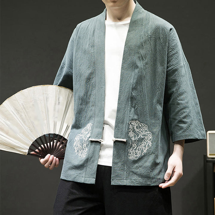 Buddha Stones Chinese Frog-Button Design Open Front Jacket Men's Cotton Linen Long Sleeve Kimono - image 6