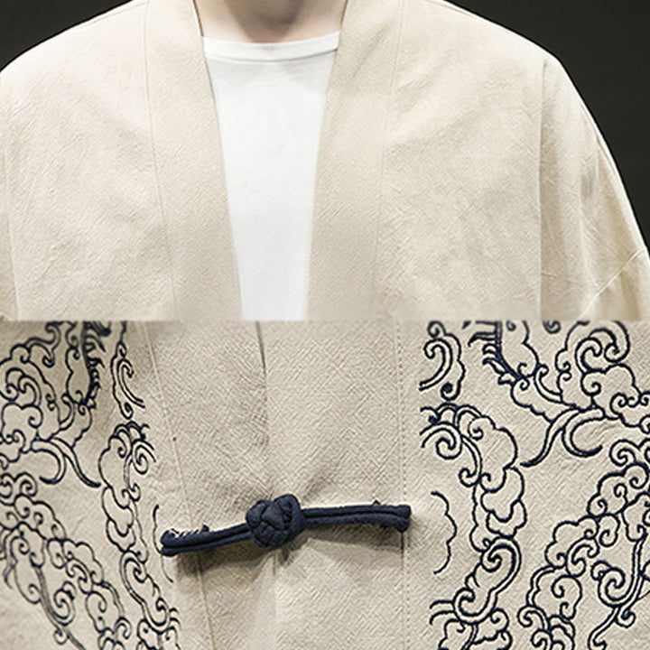 Buddha Stones Chinese Frog-Button Design Open Front Jacket Men's Cotton Linen Long Sleeve Kimono - image 12