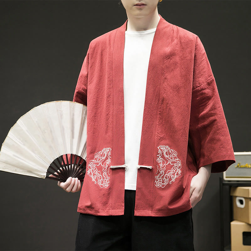 Buddha Stones Chinese Frog-Button Design Open Front Jacket Men's Cotton Linen Long Sleeve Kimono - OrangeRed - US/UK/AU46，EU56 (5XL) - image 14