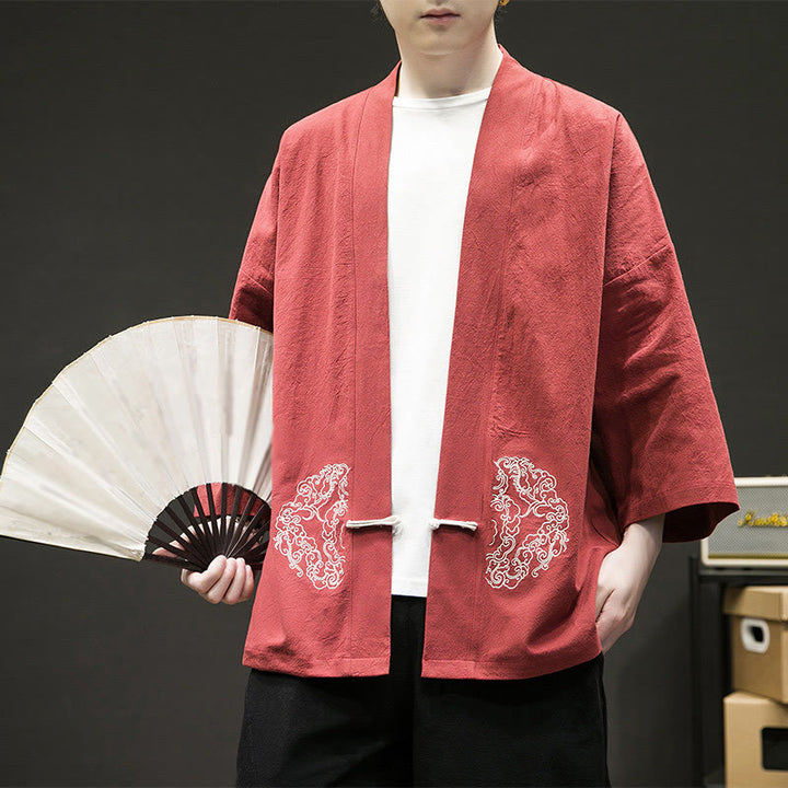 Buddha Stones Chinese Frog-Button Design Open Front Jacket Men's Cotton Linen Long Sleeve Kimono - OrangeRed - US/UK/AU46，EU56 (5XL) - image 14
