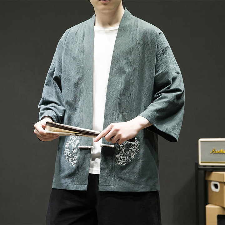 Buddha Stones Chinese Frog-Button Design Open Front Jacket Men's Cotton Linen Long Sleeve Kimono - image 7