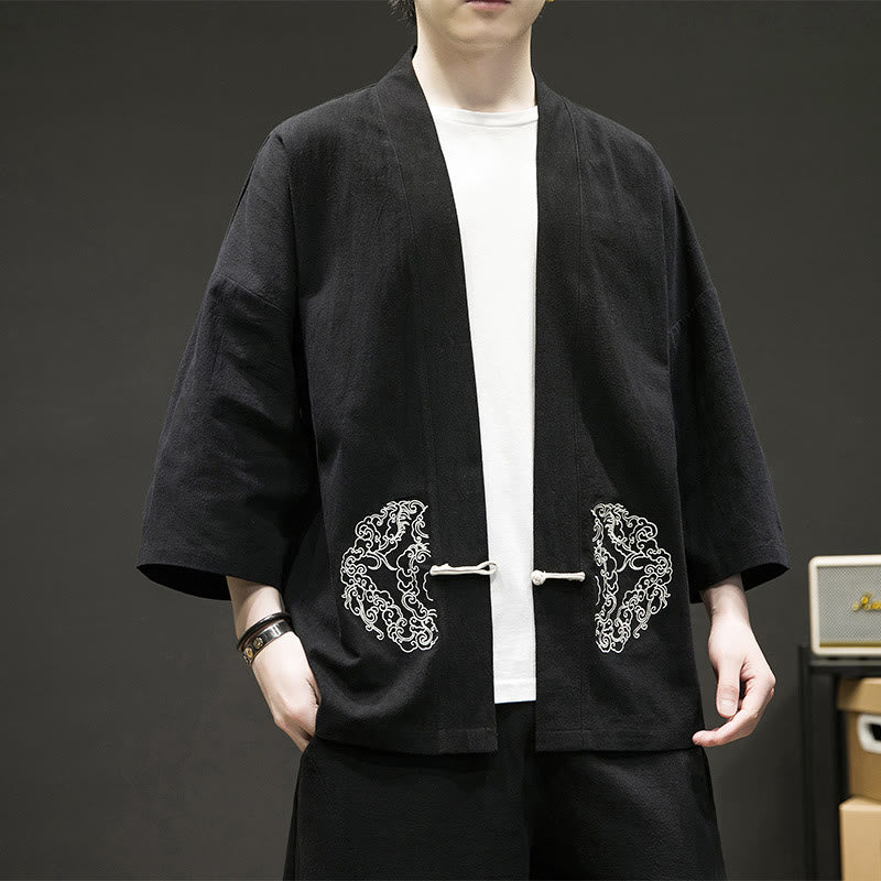 Buddha Stones Chinese Frog-Button Design Open Front Jacket Men's Cotton Linen Long Sleeve Kimono - image 2