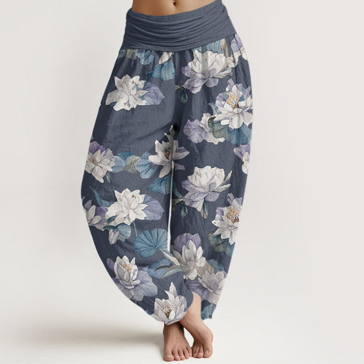 Buddha Stones Casual Elegant Lotus Print Design Women's Elastic Waist Harem Pants - LightSlateGray - US22，UK/AU26，EU54 (6XL) - image 0