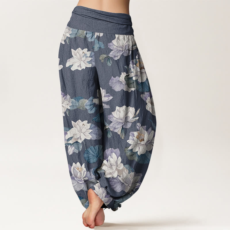 Buddha Stones Casual Elegant Lotus Print Design Women's Elastic Waist Harem Pants - image 3