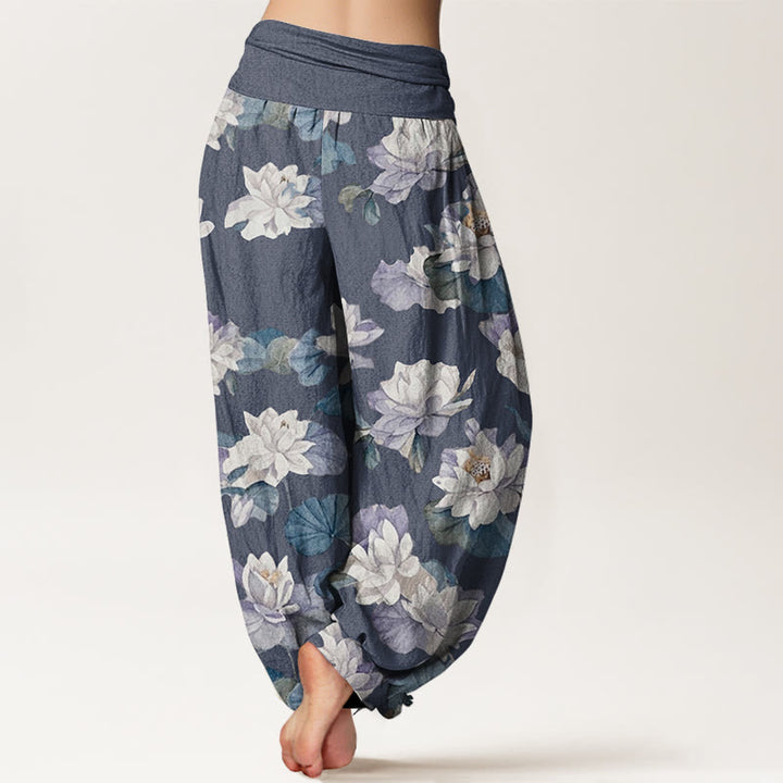 Buddha Stones Casual Elegant Lotus Print Design Women's Elastic Waist Harem Pants - image 3