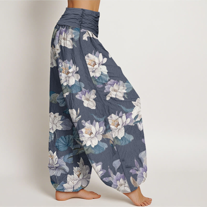 Buddha Stones Cotton Casual Elegant Lotus Print Design Women's Elastic Waist Harem Pants - image 1