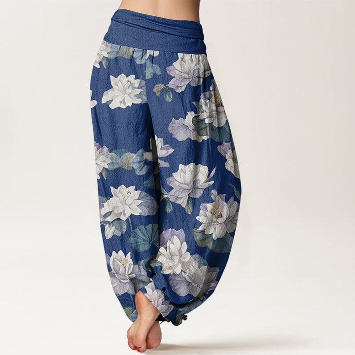 Buddha Stones Casual Elegant Lotus Print Design Women's Elastic Waist Harem Pants - image 6