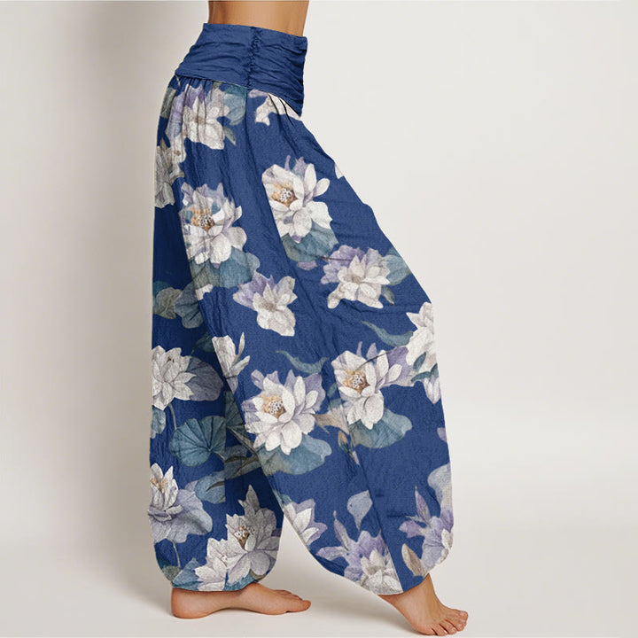 Buddha Stones Casual Elegant Lotus Print Design Women's Elastic Waist Harem Pants - image 6
