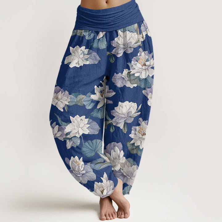 Buddha Stones Cotton Casual Elegant Lotus Print Design Women's Elastic Waist Harem Pants - RoyalBlue - US22，UK/AU26，EU54 (6XL) - image 4