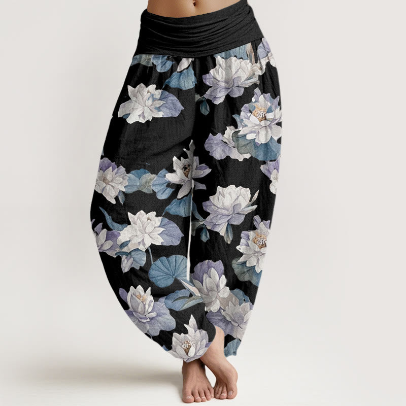 Buddha Stones Casual Elegant Lotus Print Design Women's Elastic Waist Harem Pants - Black - US22，UK/AU26，EU54 (6XL) - image 8