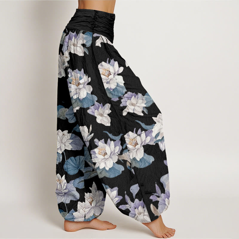 Buddha Stones Cotton Casual Elegant Lotus Print Design Women's Elastic Waist Harem Pants - image 8