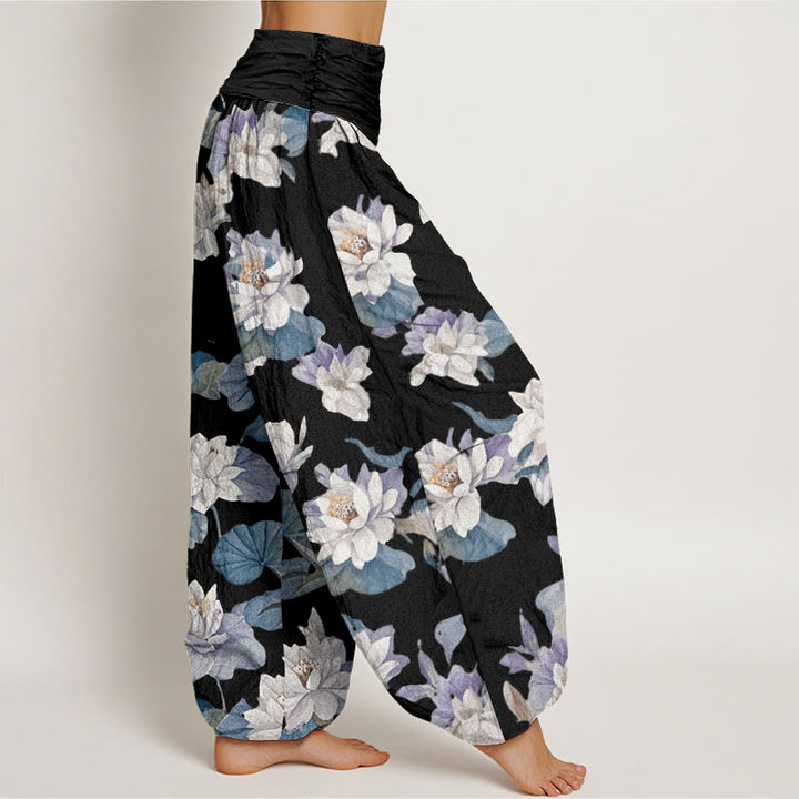 Buddha Stones Casual Elegant Lotus Print Design Women's Elastic Waist Harem Pants - image 9