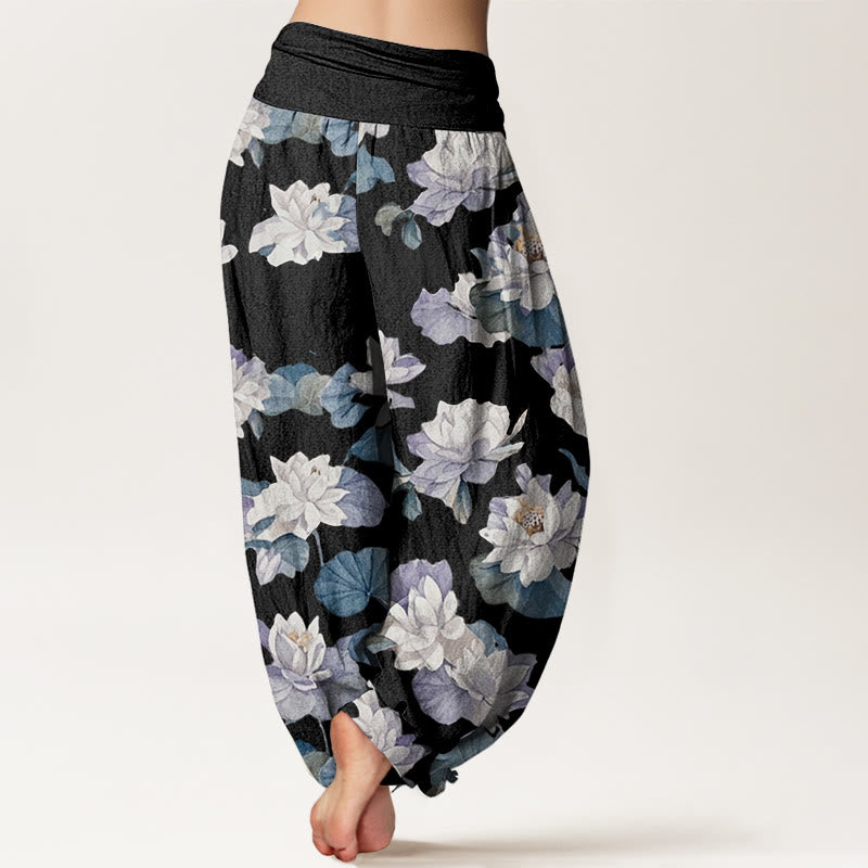 Buddha Stones Cotton Casual Elegant Lotus Print Design Women's Elastic Waist Harem Pants - image 9