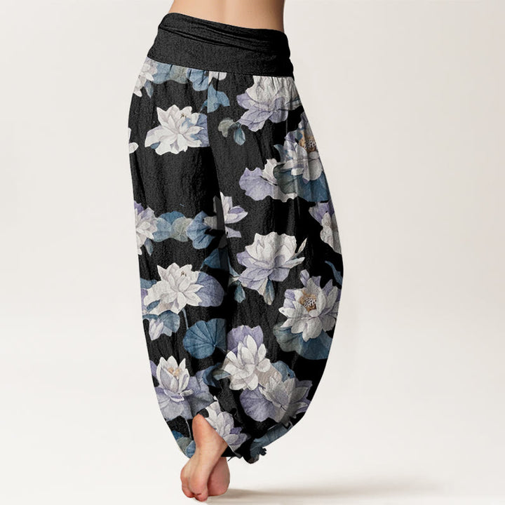 Buddha Stones Cotton Casual Elegant Lotus Print Design Women's Elastic Waist Harem Pants - image 9