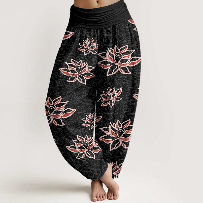 Buddha Stones Casual Lotus Line Pattern Women's Elastic Waist Harem Pants - Black - US22，UK/AU26，EU54 (6XL) - image 0