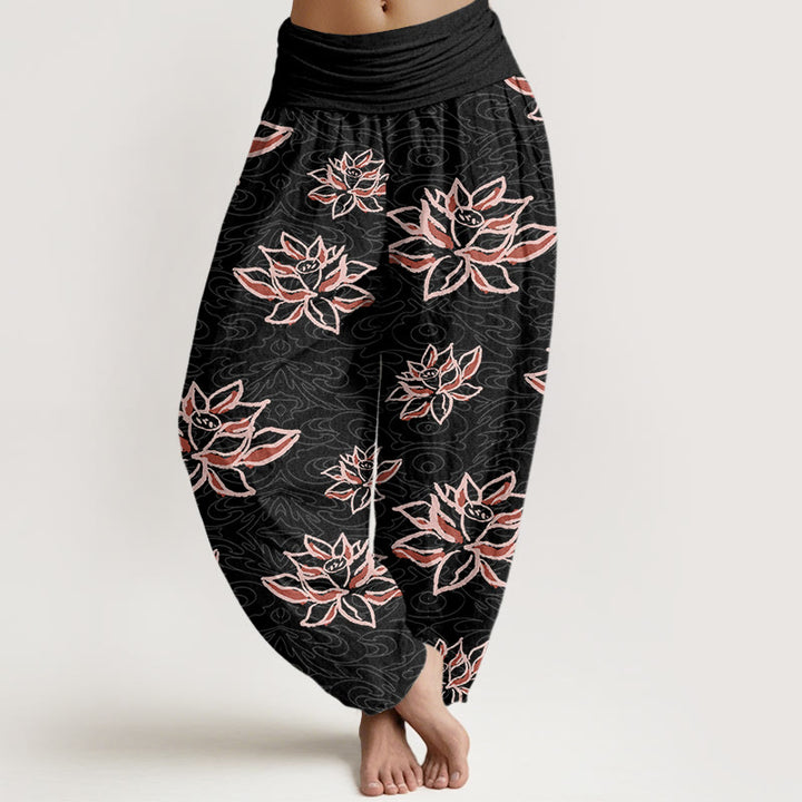 Buddha Stones Casual Lotus Line Pattern Women's Elastic Waist Harem Pants - Black - US22，UK/AU26，EU54 (6XL) - image 0