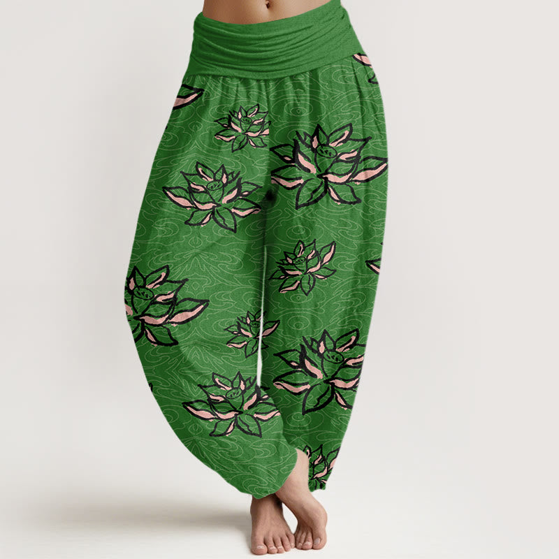 Buddha Stones Casual Lotus Line Pattern Women's Elastic Waist Harem Pants - ForestGreen - US22，UK/AU26，EU54 (6XL) - image 4
