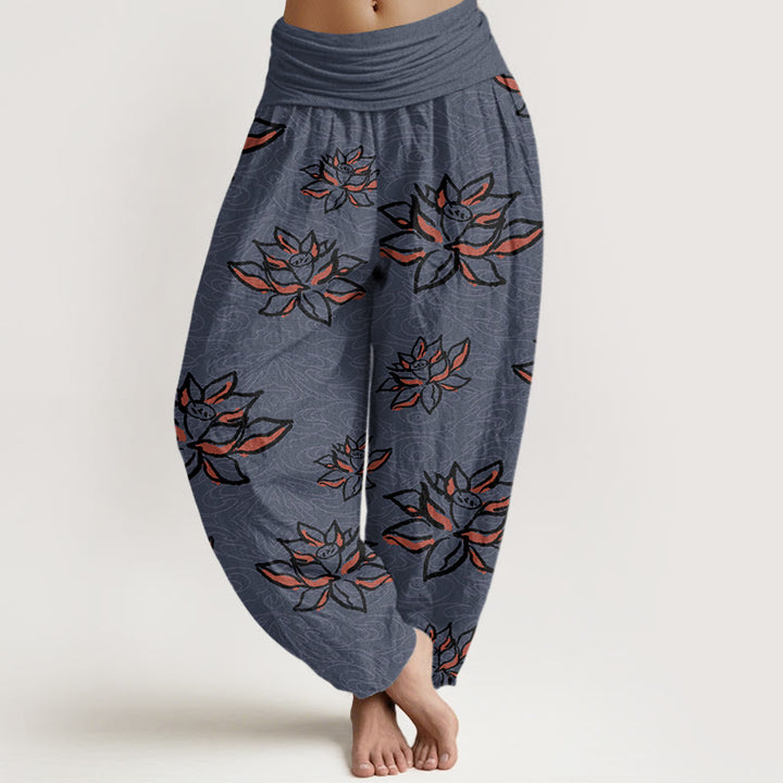 Buddha Stones Cotton Casual Lotus Line Pattern Women's Elastic Waist Harem Pants - MidnightBlue - US22，UK/AU26，EU54 (6XL) - image 7