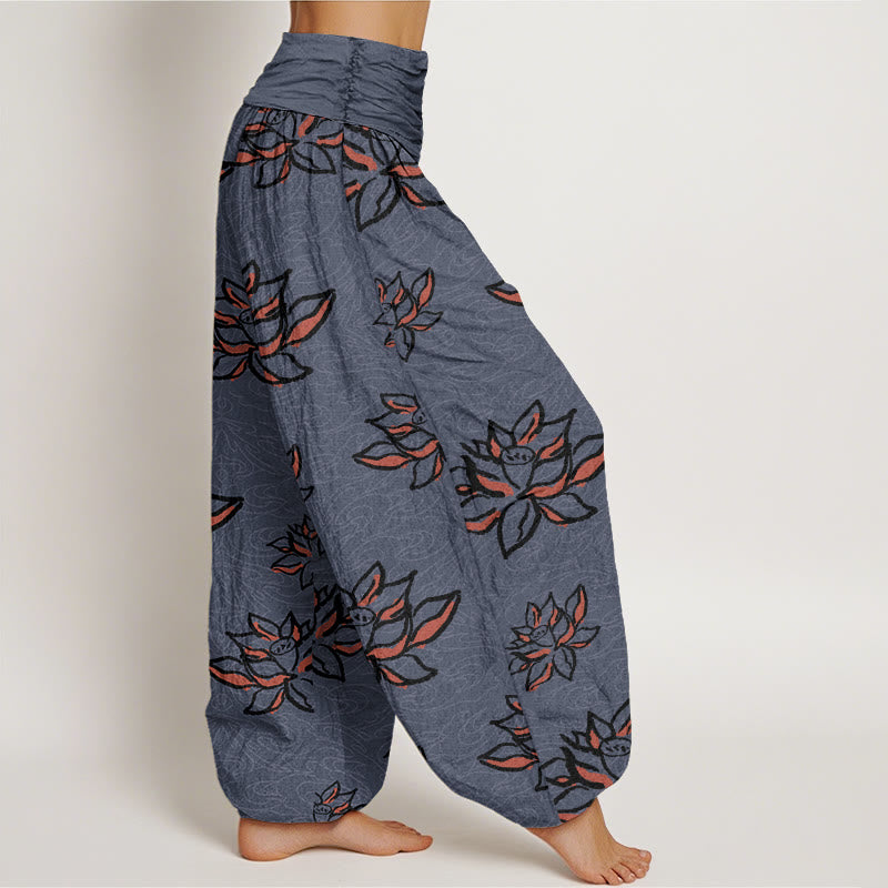Buddha Stones Casual Lotus Line Pattern Women's Elastic Waist Harem Pants - image 9