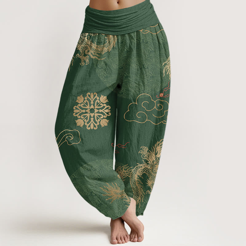 Buddha Stones Casual Golden Dragon And Auspicious Cloud Pattern Women's Elastic Waist Harem Pants - ForestGreen - US22，UK/AU26，EU54 (6XL) - image 0