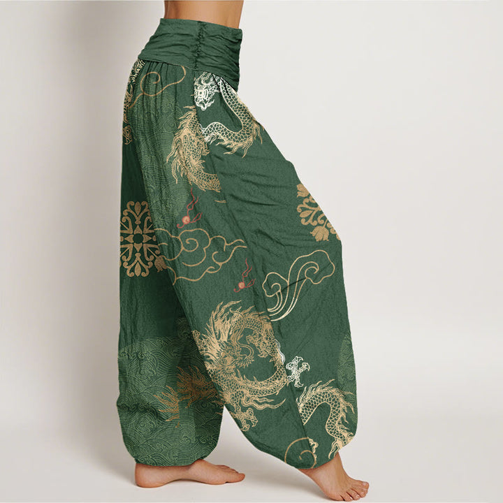 Buddha Stones Casual Golden Dragon And Auspicious Cloud Pattern Women's Elastic Waist Harem Pants - image 1