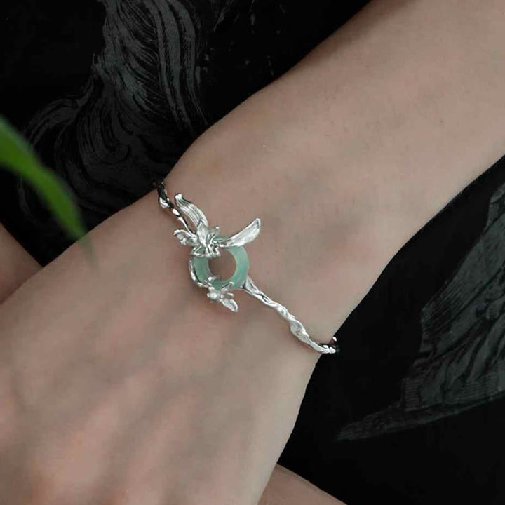 Buddha Stones 925 Sterling Silver Iris Peace Buckle Quartzite Jade Protection Bracelet Bangle - image 5