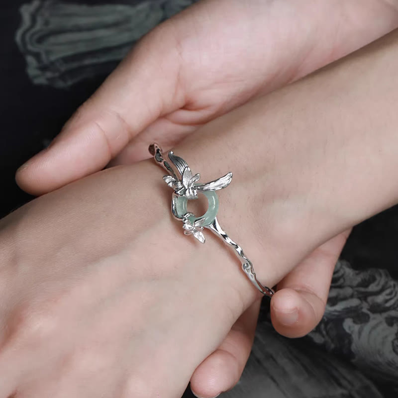 Buddha Stones 925 Sterling Silver Iris Peace Buckle Quartzite Jade Protection Bracelet Bangle - image 3