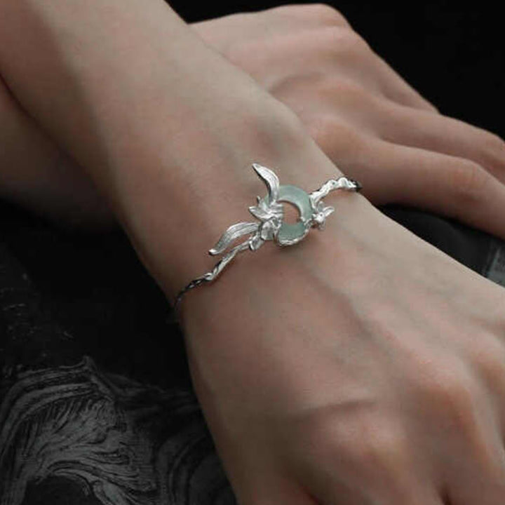 Buddha Stones 925 Sterling Silver Iris Peace Buckle Quartzite Jade Protection Bracelet Bangle - image 6