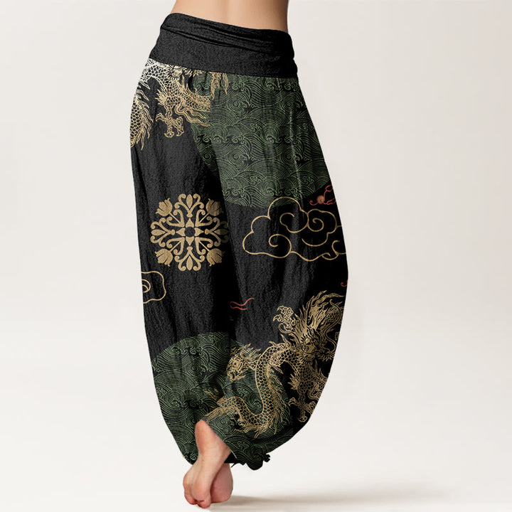 Buddha Stones Casual Golden Dragon And Auspicious Cloud Pattern Women's Elastic Waist Harem Pants - image 6