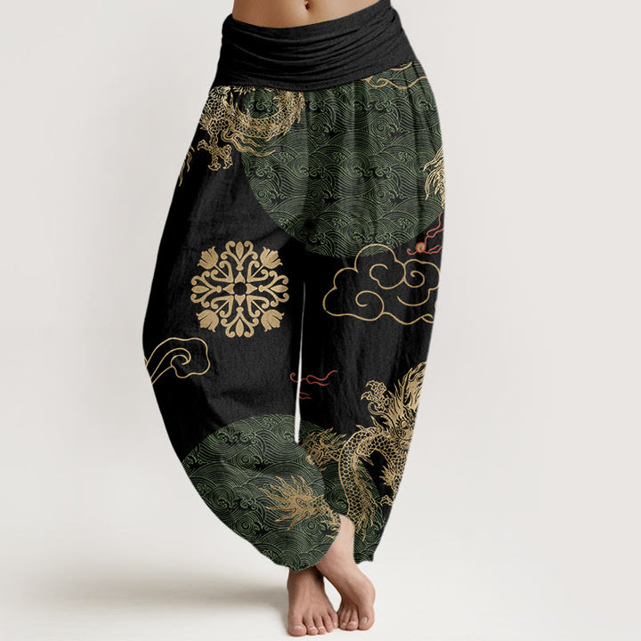 Buddha Stones Cotton Casual Golden Dragon And Auspicious Cloud Pattern Women's Elastic Waist Harem Pants - Black - US22，UK/AU26，EU54 (6XL) - image 4