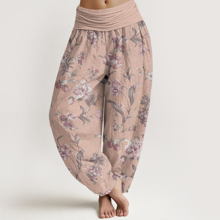 Buddha Stones Pure Cotton Casual Pink Flowers Pattern Women's Elastic Waist Harem Pants