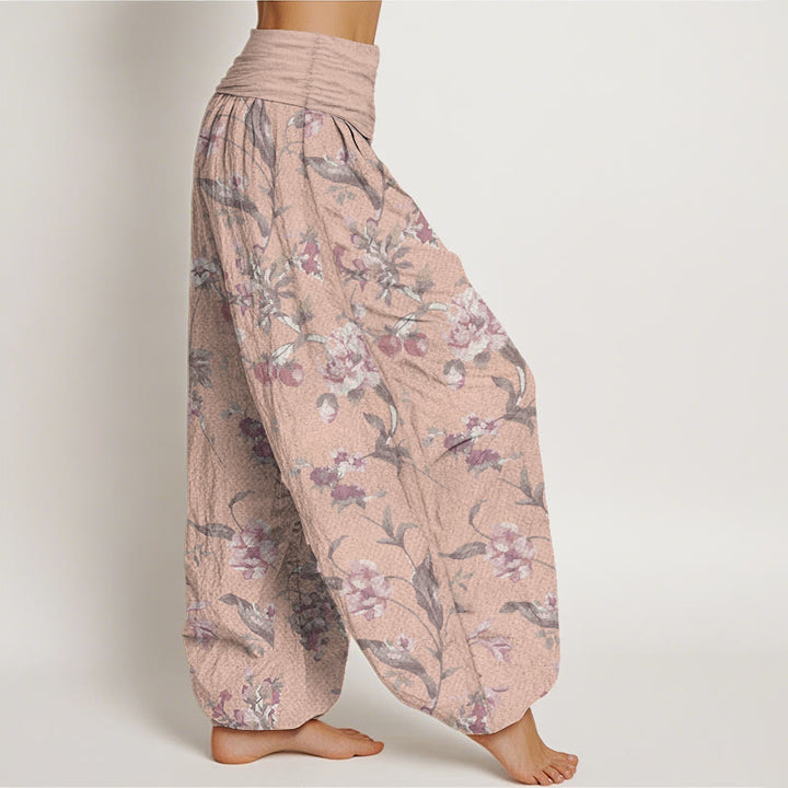 Buddha Stones Pure Cotton Casual Pink Flowers Pattern Women's Elastic Waist Harem Pants