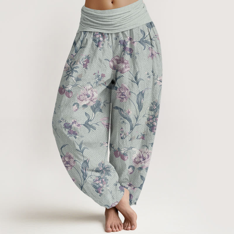 Buddha Stones Pure Cotton Casual Pink Flowers Pattern Women's Elastic Waist Harem Pants - Honeydew - US22，UK/AU26，EU54 (6XL) - image 9